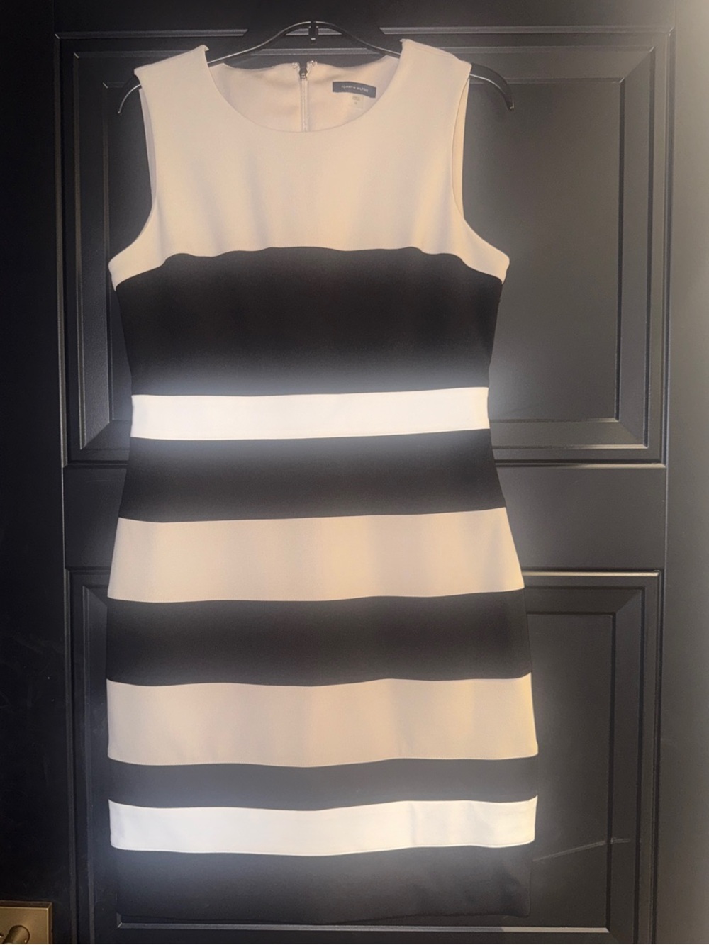 Tommy Hilfiger Black/White/Tan Striped Sleeveless Sheath Dress
